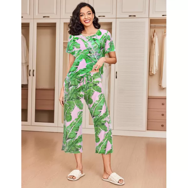 Ekouaer 2 Pack Womens Pajamas Set Short Sleeve Sleepwear Capri Pants Pjs Sets Soft Loungewear With Pockets2packblack Flower  Green Leaf