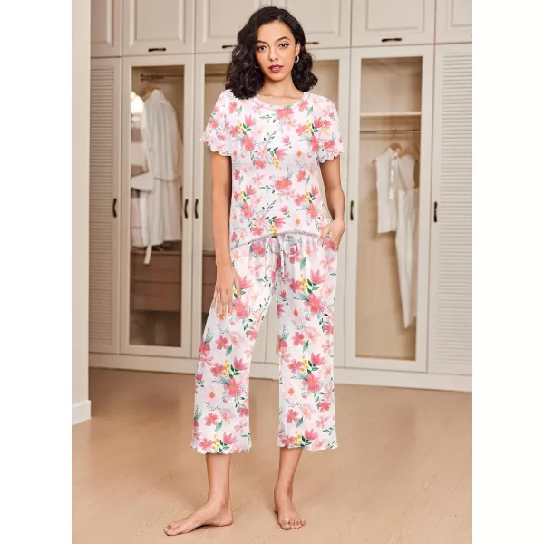 Ekouaer 2 Pack Womens Pajamas Set Short Sleeve Sleepwear Capri Pants Pjs Sets Soft Loungewear With Pockets2packfloral Print  Blue