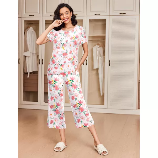 Ekouaer 2 Pack Womens Pajamas Set Short Sleeve Sleepwear Capri Pants Pjs Sets Soft Loungewear With Pockets2packfloral Print  Blue