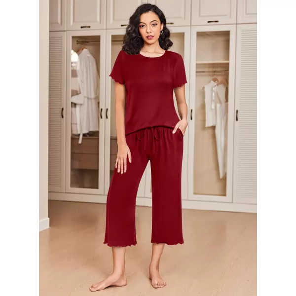 Ekouaer 2 Pack Womens Pajamas Set Short Sleeve Sleepwear Capri Pants Pjs Sets Soft Loungewear With Pockets2packwine Red  Floral