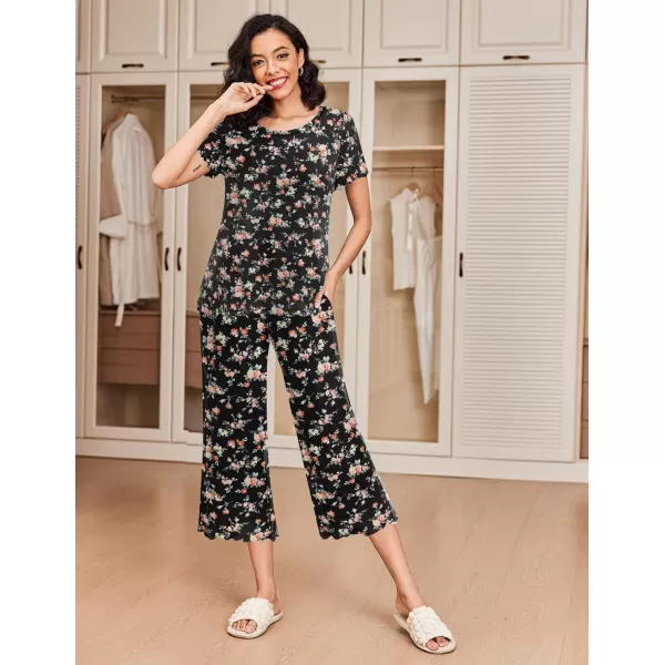 Ekouaer 2 Pack Womens Pajamas Set Short Sleeve Sleepwear Capri Pants Pjs Sets Soft Loungewear With Pockets2packwine Red  Floral