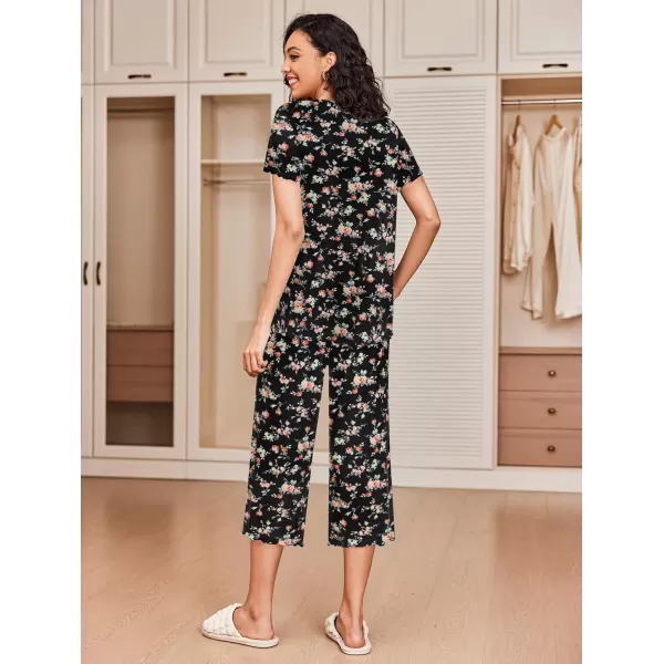 Ekouaer 2 Pack Womens Pajamas Set Short Sleeve Sleepwear Capri Pants Pjs Sets Soft Loungewear With Pockets2packwine Red  Floral