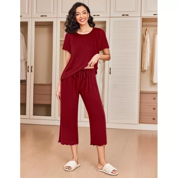 Ekouaer 2 Pack Womens Pajamas Set Short Sleeve Sleepwear Capri Pants Pjs Sets Soft Loungewear With Pockets2packwine Red  Floral
