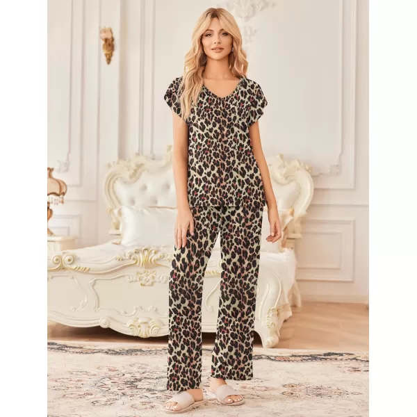 Ekouaer 2 Pack Womens Pajamas Short Sleeve Sleepwear Top with Pants SuperSoft Printed Lounge Sets SXXLGp1blackleopard