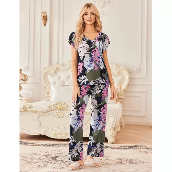 Ekouaer 2 Pack Womens Pajamas Short Sleeve Sleepwear Top with Pants SuperSoft Printed Lounge Sets SXXLGp3navyleaf Pink