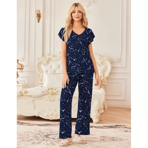 Ekouaer 2 Pack Womens Pajamas Short Sleeve Sleepwear Top with Pants SuperSoft Printed Lounge Sets SXXLGp4lilac Dotsnavy Star
