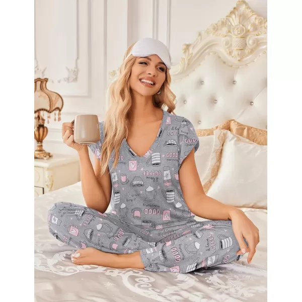 Ekouaer 2 Pack Womens Pajamas Short Sleeve Sleepwear Top with Pants SuperSoft Printed Lounge Sets SXXLGp6coffeestar Print