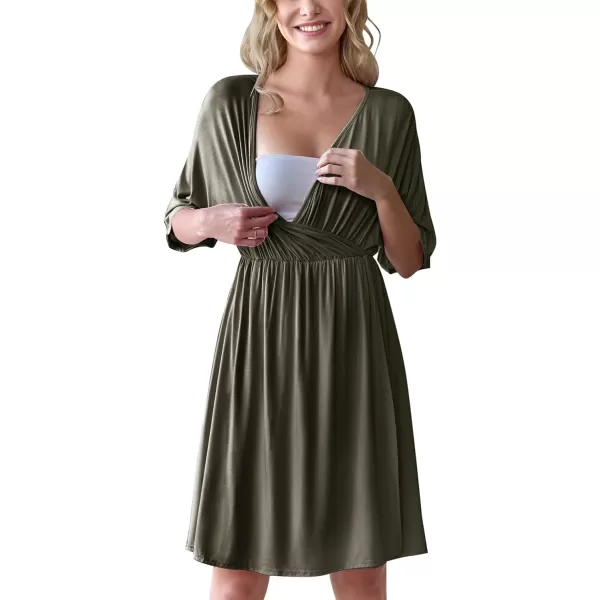 Ekouaer 3 in 1 LaborDeliveryHospital Gown Maternity Dress Nursing Nightgown Sleepwear for BreastfeedingArmy Green