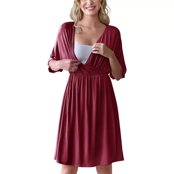Ekouaer 3 in 1 LaborDeliveryHospital Gown Maternity Dress Nursing Nightgown Sleepwear for BreastfeedingWine Red