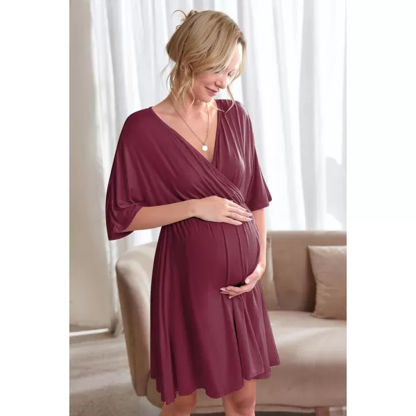 Ekouaer 3 in 1 LaborDeliveryHospital Gown Maternity Dress Nursing Nightgown Sleepwear for BreastfeedingWine Red