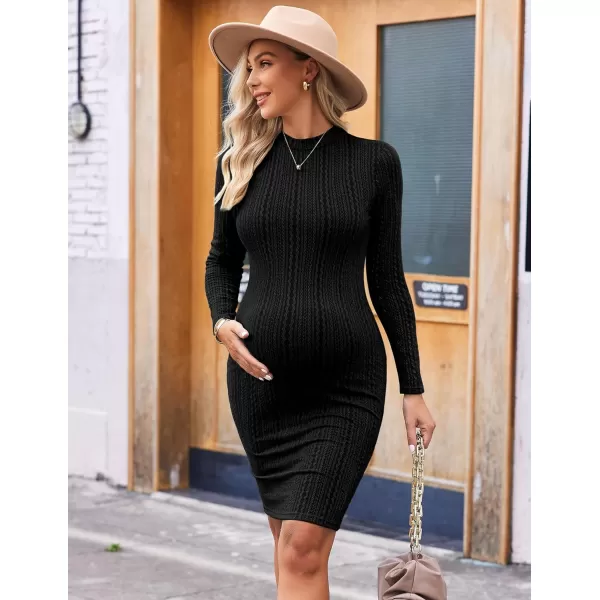 Ekouaer Maternity Dress Rib Knit Mock Turtleneck Long Sleeve Stretchy Bodycon Pregnancy DressesBlack