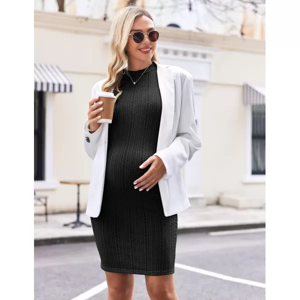 Ekouaer Maternity Dress Rib Knit Mock Turtleneck Long Sleeve Stretchy Bodycon Pregnancy DressesBlack