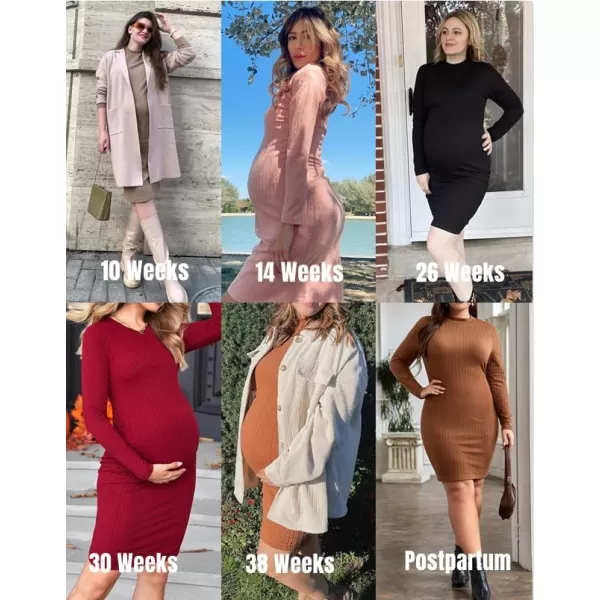 Ekouaer Maternity Dress Rib Knit Mock Turtleneck Long Sleeve Stretchy Bodycon Pregnancy DressesKhaki