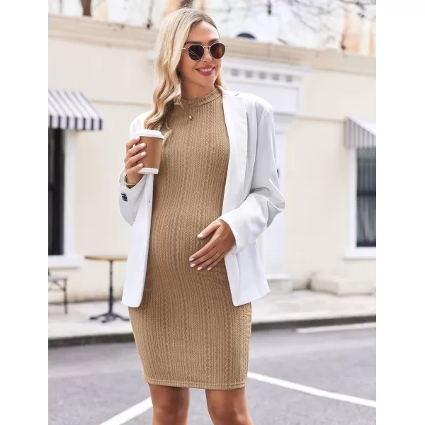 Ekouaer Maternity Dress Rib Knit Mock Turtleneck Long Sleeve Stretchy Bodycon Pregnancy DressesKhaki