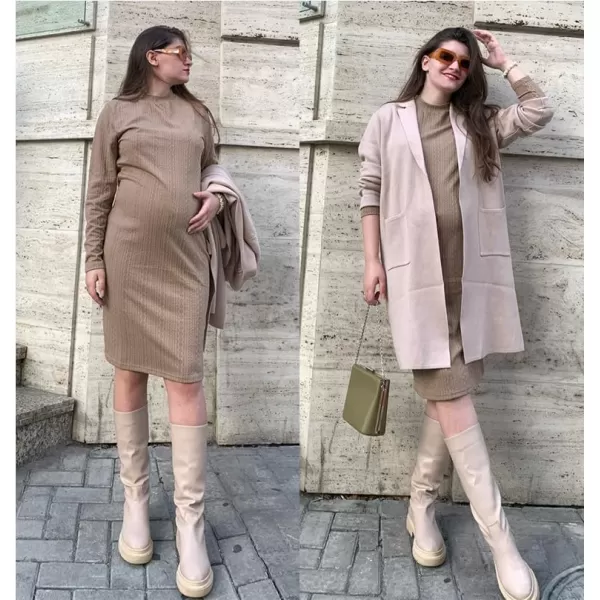 Ekouaer Maternity Dress Rib Knit Mock Turtleneck Long Sleeve Stretchy Bodycon Pregnancy DressesKhaki