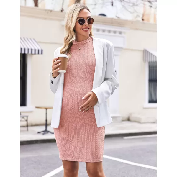 Ekouaer Maternity Dress Rib Knit Mock Turtleneck Long Sleeve Stretchy Bodycon Pregnancy DressesPink