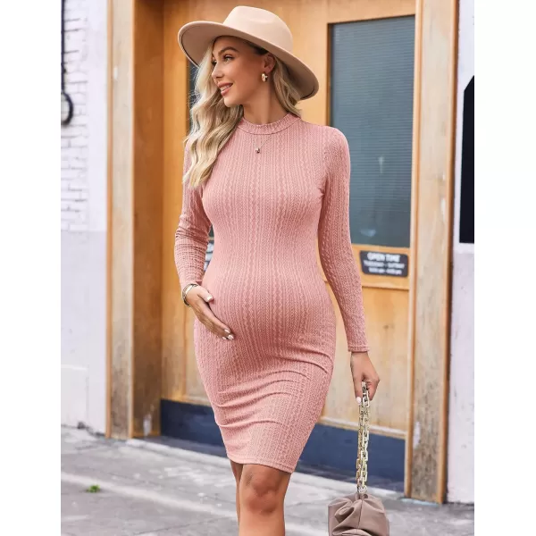 Ekouaer Maternity Dress Rib Knit Mock Turtleneck Long Sleeve Stretchy Bodycon Pregnancy DressesPink