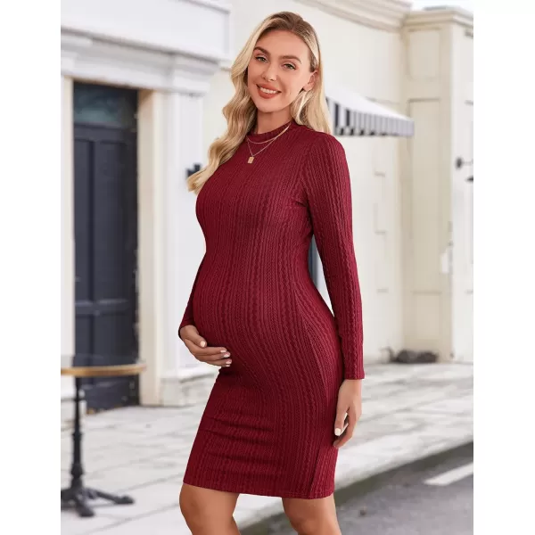 Ekouaer Maternity Dress Rib Knit Mock Turtleneck Long Sleeve Stretchy Bodycon Pregnancy DressesWine Red