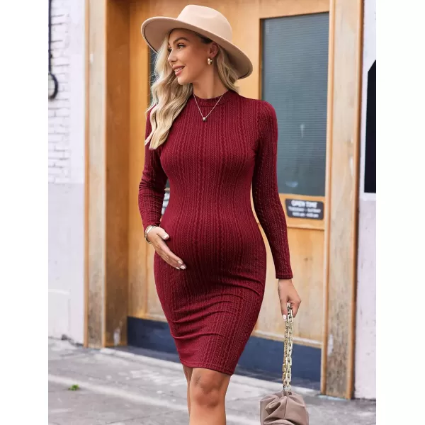 Ekouaer Maternity Dress Rib Knit Mock Turtleneck Long Sleeve Stretchy Bodycon Pregnancy DressesWine Red