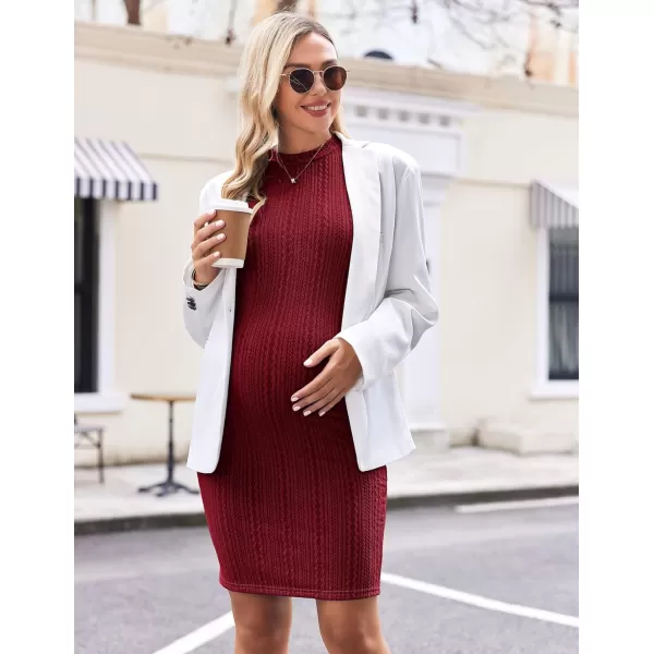 Ekouaer Maternity Dress Rib Knit Mock Turtleneck Long Sleeve Stretchy Bodycon Pregnancy DressesWine Red