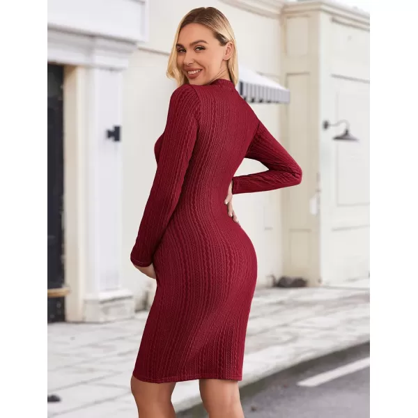 Ekouaer Maternity Dress Rib Knit Mock Turtleneck Long Sleeve Stretchy Bodycon Pregnancy DressesWine Red