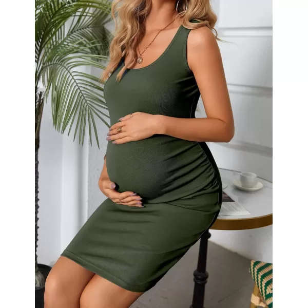 Ekouaer Maternity Dresses for Baby Shower Soft Maternity Bodycon Dress Sleeveless Ribbed Side Ruching Pregnancy DressArmy Green