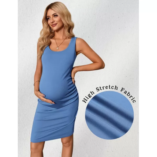 Ekouaer Maternity Dresses for Baby Shower Soft Maternity Bodycon Dress Sleeveless Ribbed Side Ruching Pregnancy DressBlue