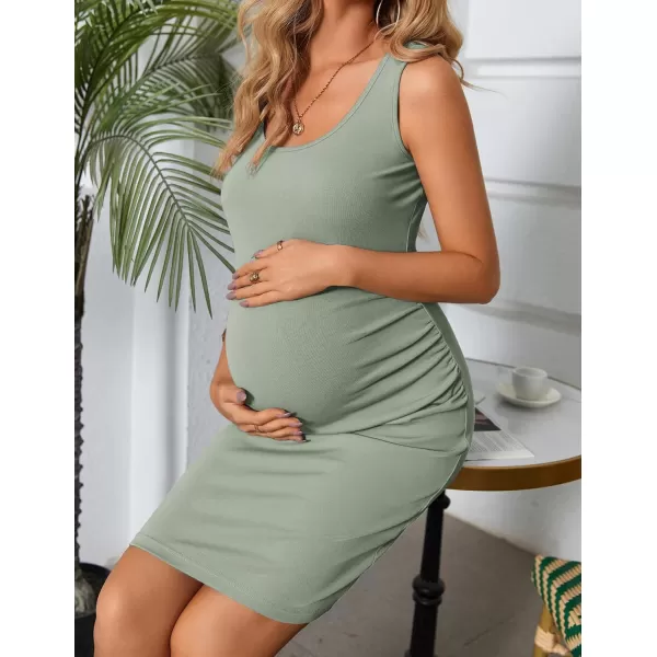 Ekouaer Maternity Dresses for Baby Shower Soft Maternity Bodycon Dress Sleeveless Ribbed Side Ruching Pregnancy DressGrass Green