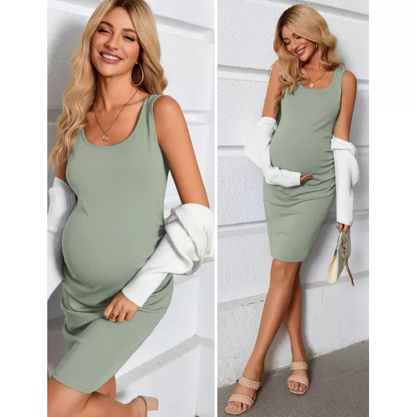 Ekouaer Maternity Dresses for Baby Shower Soft Maternity Bodycon Dress Sleeveless Ribbed Side Ruching Pregnancy DressGrass Green