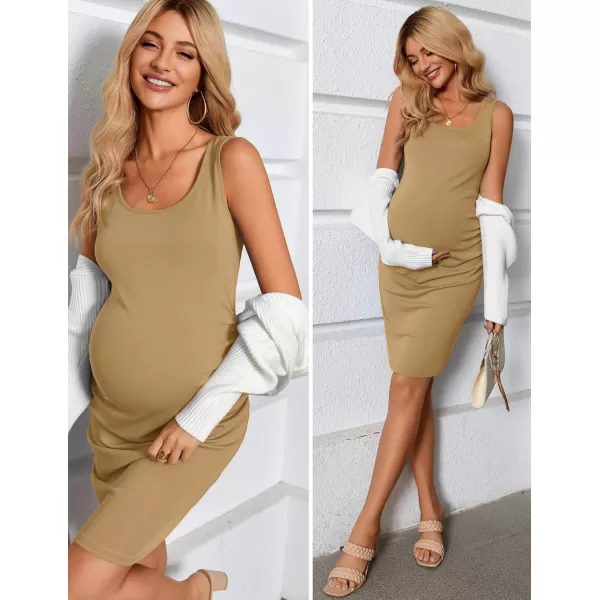 Ekouaer Maternity Dresses for Baby Shower Soft Maternity Bodycon Dress Sleeveless Ribbed Side Ruching Pregnancy DressKhaki