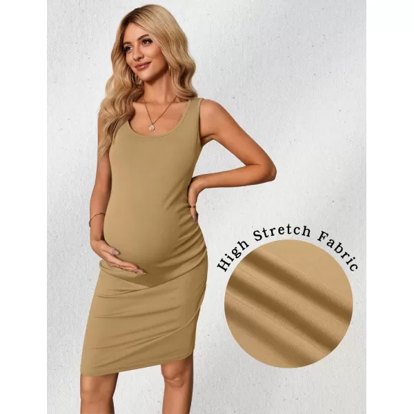 Ekouaer Maternity Dresses for Baby Shower Soft Maternity Bodycon Dress Sleeveless Ribbed Side Ruching Pregnancy DressKhaki