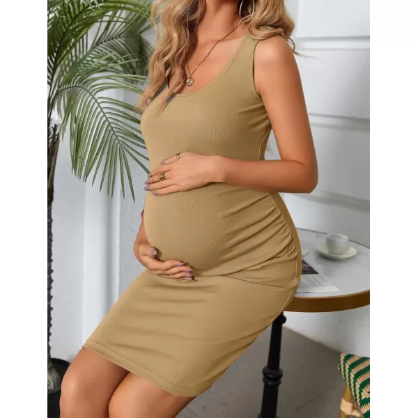 Ekouaer Maternity Dresses for Baby Shower Soft Maternity Bodycon Dress Sleeveless Ribbed Side Ruching Pregnancy DressKhaki