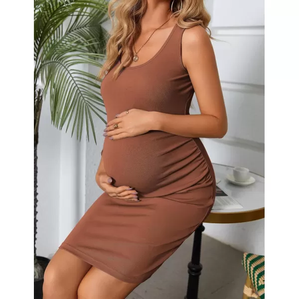 Ekouaer Maternity Dresses for Baby Shower Soft Maternity Bodycon Dress Sleeveless Ribbed Side Ruching Pregnancy DressLight Brown