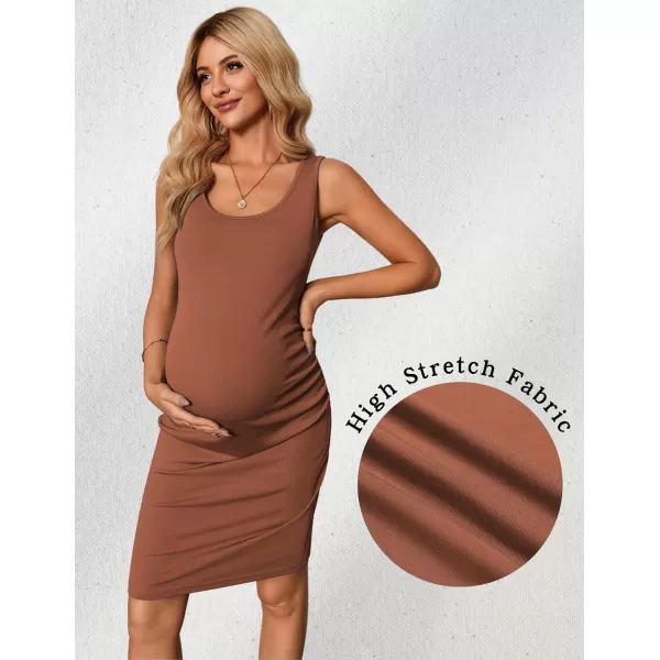 Ekouaer Maternity Dresses for Baby Shower Soft Maternity Bodycon Dress Sleeveless Ribbed Side Ruching Pregnancy DressLight Brown