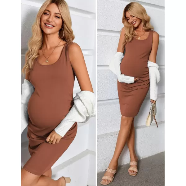 Ekouaer Maternity Dresses for Baby Shower Soft Maternity Bodycon Dress Sleeveless Ribbed Side Ruching Pregnancy DressLight Brown