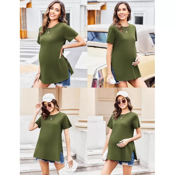 Ekouaer Maternity Shirts Short Sleeve Pregnancy Tops T Shirt Split Side Casual Crewneck Pregnant Tunic Tee Blouses ClothesArmy Green