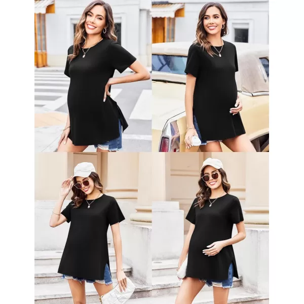 Ekouaer Maternity Shirts Short Sleeve Pregnancy Tops T Shirt Split Side Casual Crewneck Pregnant Tunic Tee Blouses ClothesBlack