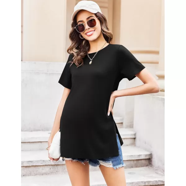 Ekouaer Maternity Shirts Short Sleeve Pregnancy Tops T Shirt Split Side Casual Crewneck Pregnant Tunic Tee Blouses ClothesBlack