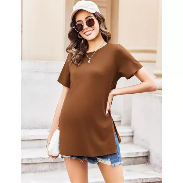 Ekouaer Maternity Shirts Short Sleeve Pregnancy Tops T Shirt Split Side Casual Crewneck Pregnant Tunic Tee Blouses ClothesBrown