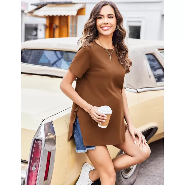 Ekouaer Maternity Shirts Short Sleeve Pregnancy Tops T Shirt Split Side Casual Crewneck Pregnant Tunic Tee Blouses ClothesBrown