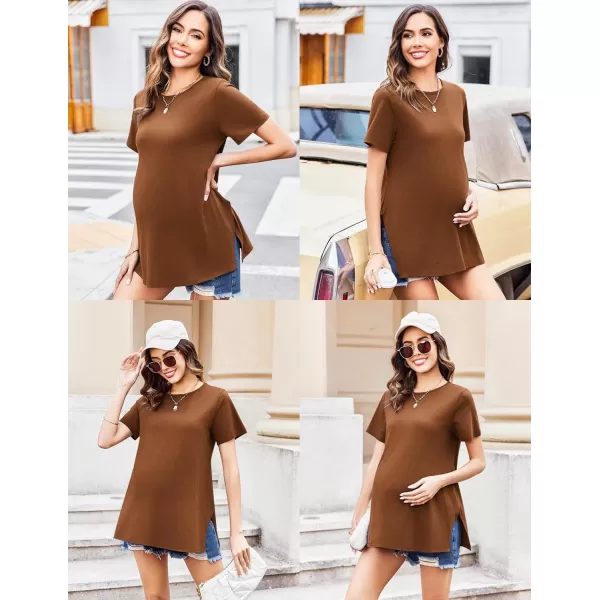 Ekouaer Maternity Shirts Short Sleeve Pregnancy Tops T Shirt Split Side Casual Crewneck Pregnant Tunic Tee Blouses ClothesBrown