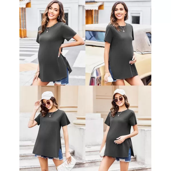 Ekouaer Maternity Shirts Short Sleeve Pregnancy Tops T Shirt Split Side Casual Crewneck Pregnant Tunic Tee Blouses ClothesDeep Grey