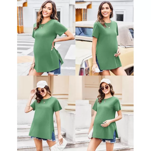 Ekouaer Maternity Shirts Short Sleeve Pregnancy Tops T Shirt Split Side Casual Crewneck Pregnant Tunic Tee Blouses ClothesGreen