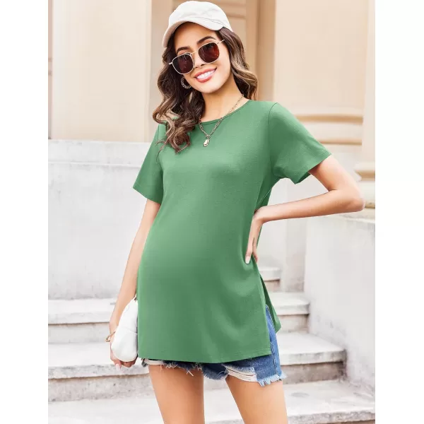 Ekouaer Maternity Shirts Short Sleeve Pregnancy Tops T Shirt Split Side Casual Crewneck Pregnant Tunic Tee Blouses ClothesGreen