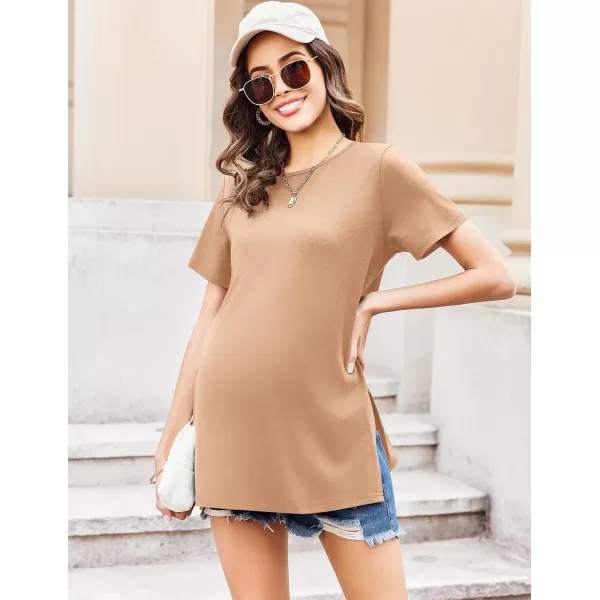 Ekouaer Maternity Shirts Short Sleeve Pregnancy Tops T Shirt Split Side Casual Crewneck Pregnant Tunic Tee Blouses ClothesKhaki