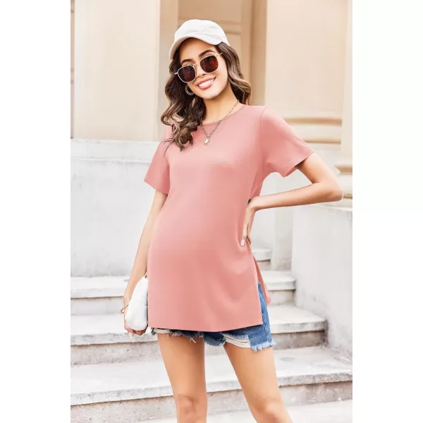 Ekouaer Maternity Shirts Short Sleeve Pregnancy Tops T Shirt Split Side Casual Crewneck Pregnant Tunic Tee Blouses ClothesPink