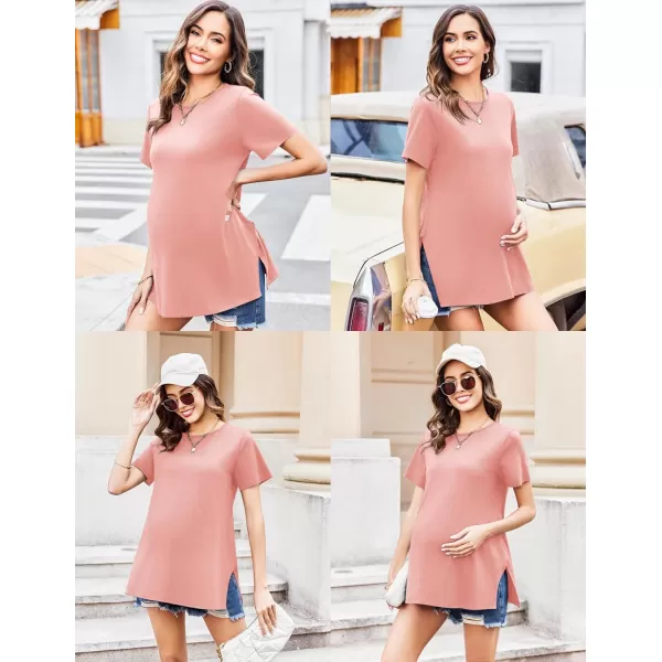 Ekouaer Maternity Shirts Short Sleeve Pregnancy Tops T Shirt Split Side Casual Crewneck Pregnant Tunic Tee Blouses ClothesPink