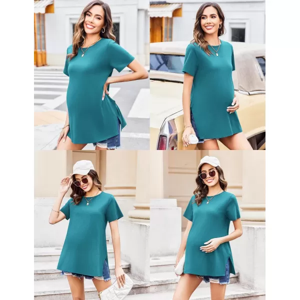 Ekouaer Maternity Shirts Short Sleeve Pregnancy Tops T Shirt Split Side Casual Crewneck Pregnant Tunic Tee Blouses ClothesTeal