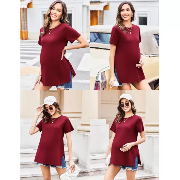 Ekouaer Maternity Shirts Short Sleeve Pregnancy Tops T Shirt Split Side Casual Crewneck Pregnant Tunic Tee Blouses ClothesWine Red