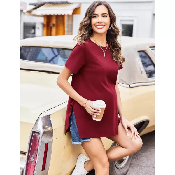 Ekouaer Maternity Shirts Short Sleeve Pregnancy Tops T Shirt Split Side Casual Crewneck Pregnant Tunic Tee Blouses ClothesWine Red